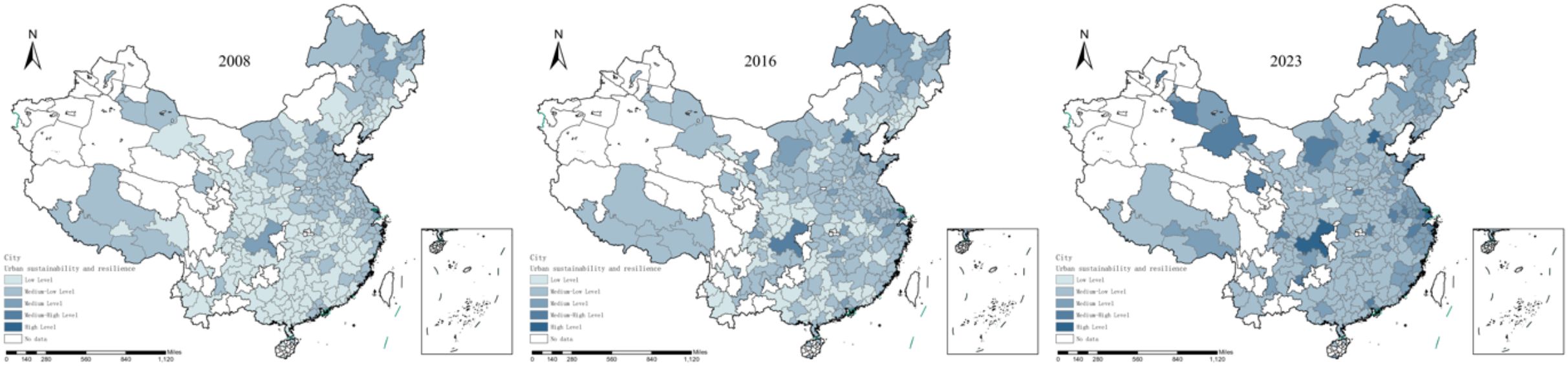 Three maps of China from 2008, 2016, and 2023 depict urban sustainability and resilience levels, ranging from low to high. Darker shades indicate higher levels. The maps show increasing resilience over time, particularly in northern and eastern regions.