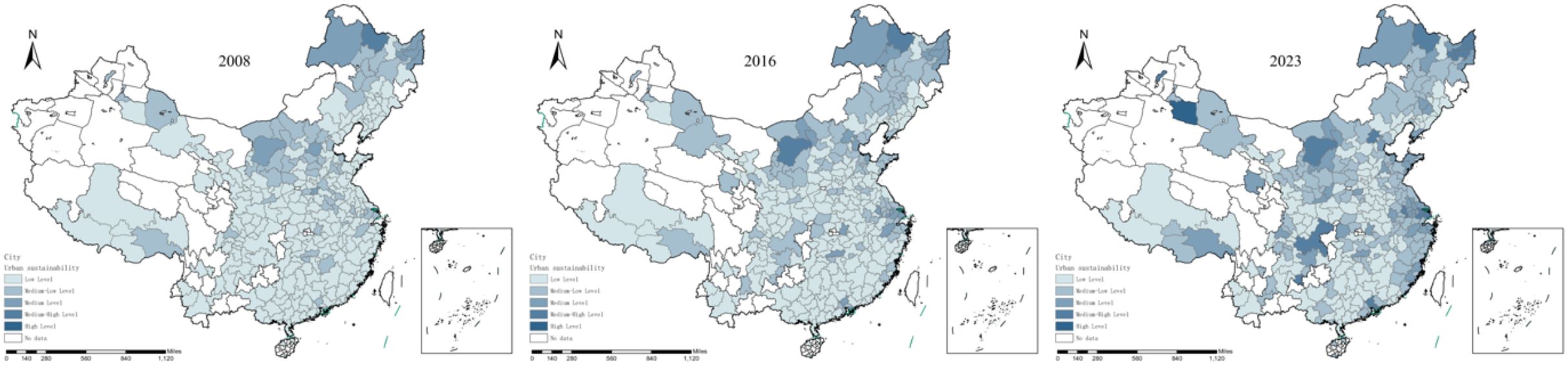 Three maps depicting urban sustainability levels in China for the years 2008, 2016, and 2023. Each map uses a color gradient from light blue to dark blue to indicate low to high sustainability. The data shows regional variations, with some areas improving in sustainability over time. The maps include a scale bar and compass for orientation.