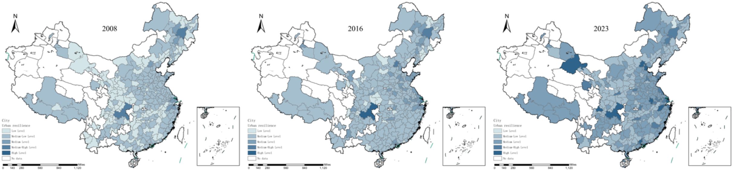 Three maps display urban resilience levels in China for the years 2008, 2016, and 2023. Each map uses color gradients from light blue for low resilience to dark blue for high resilience, with areas lacking data shown in white. An inset map shows island details.