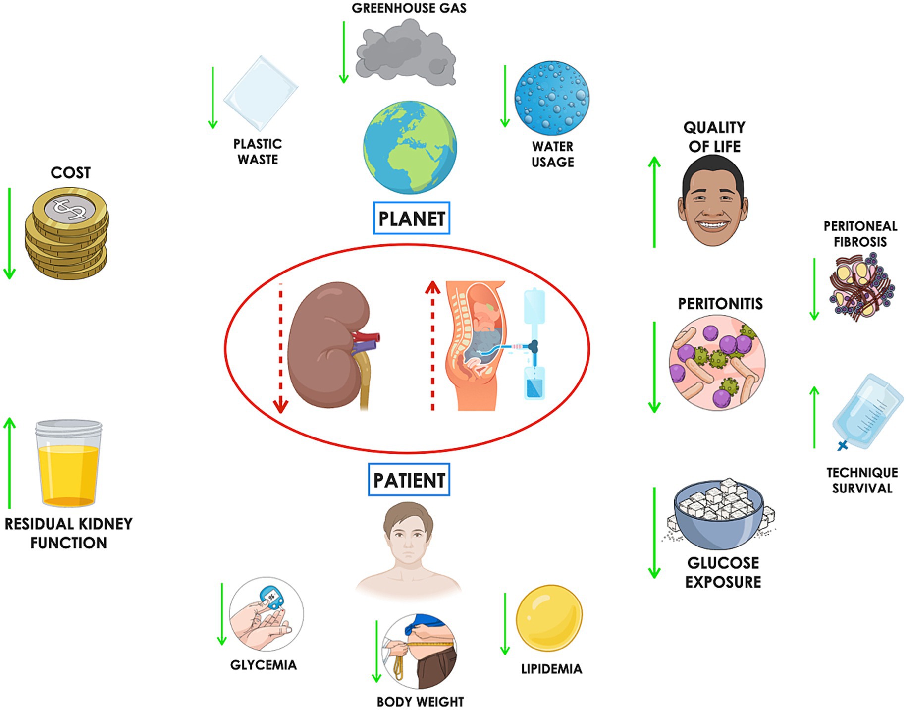 Diagram illustrating the impacts of a dialysis method on the planet and patients. Environmental effects like reduced plastic waste, greenhouse gas, and water usage are shown with a planet icon. Patient effects include increased quality of life, decreased peritonitis risk, glucose exposure, and more. Benefits like reduced cost and increased residual kidney function are highlighted, with icons indicating direction of impact.