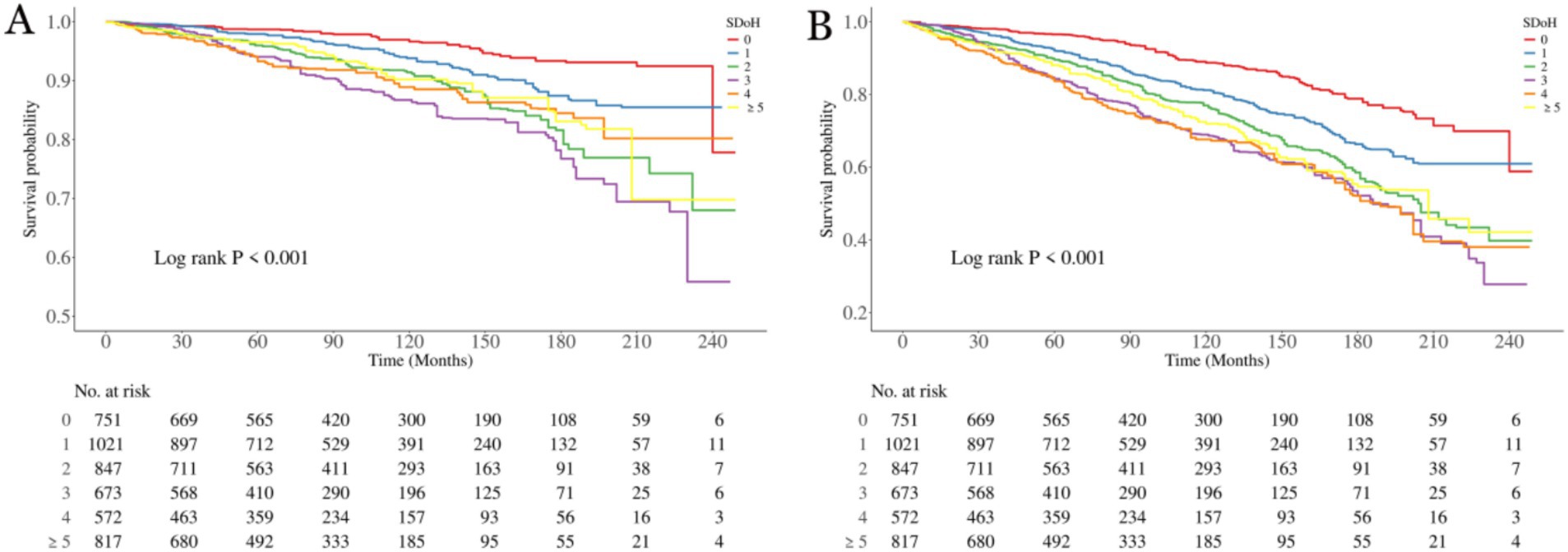 Survival probability graphs labeled A and B show time in months on the x-axis and survival probability on the y-axis. Both graphs depict survival curves categorized by SDoH groups, marked 0 to ≥5, each in different colors. The log-rank P value is less than 0.001. Below each graph, tables indicate the number of subjects at risk at various time points. Graph A contains curves more closely grouped at higher survival probabilities compared to Graph B, which shows greater divergence among curves at lower probabilities.