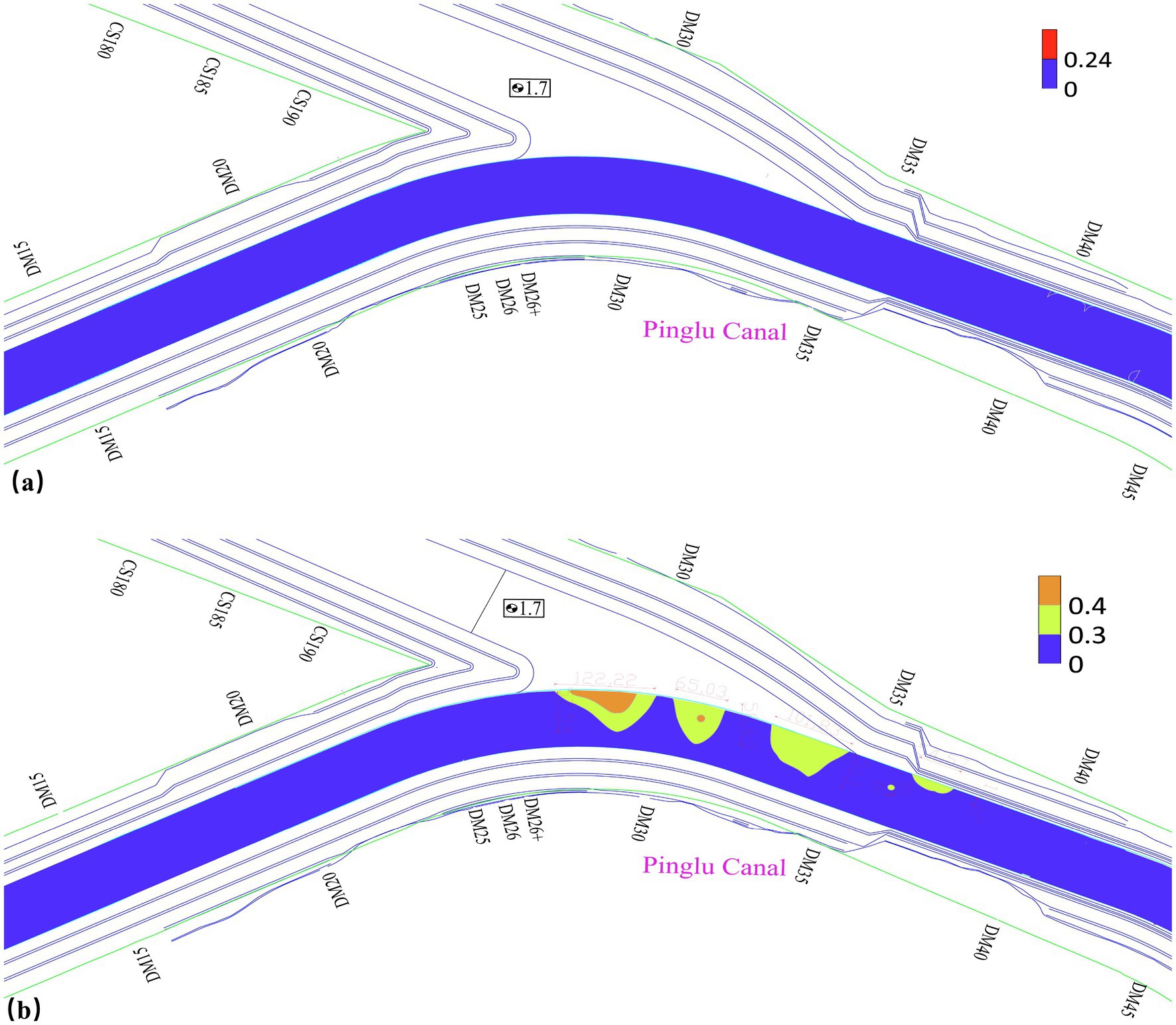 Map comparison of Pinglu Canal at two different stages. Image (a) shows mostly blue with flow velocity up to 0.24, while image (b) introduces green and orange areas indicating higher velocities up to 0.4. Contours and structure labels are present.