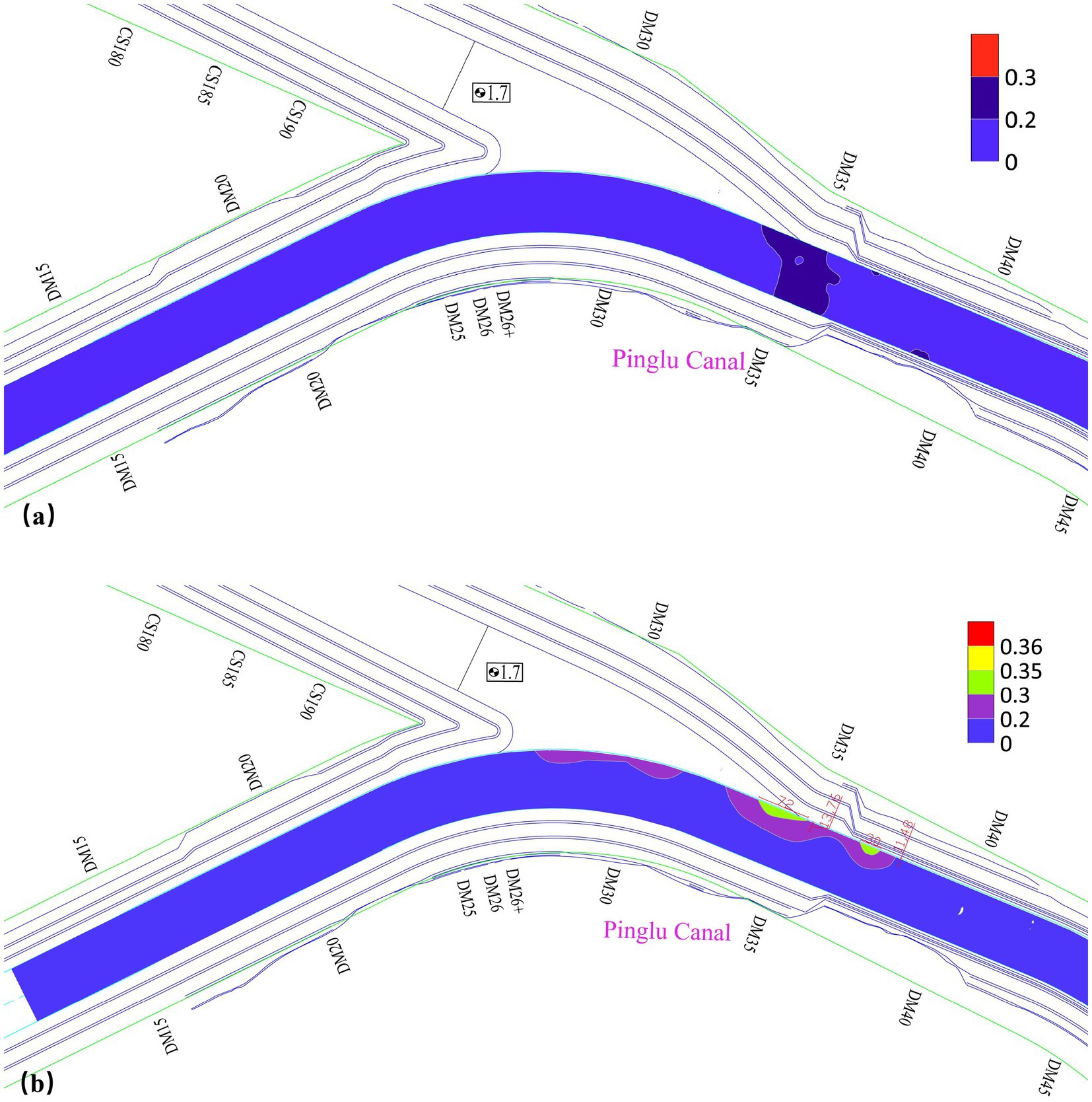 Map showing Pinglu Canal with two scenarios, labeled (a) and (b). Both feature contour lines and color gradients indicating depth or flow rates with a color legend from red to blue. Scenario (a) highlights less variation than (b), which includes additional yellow and green indicating higher values.