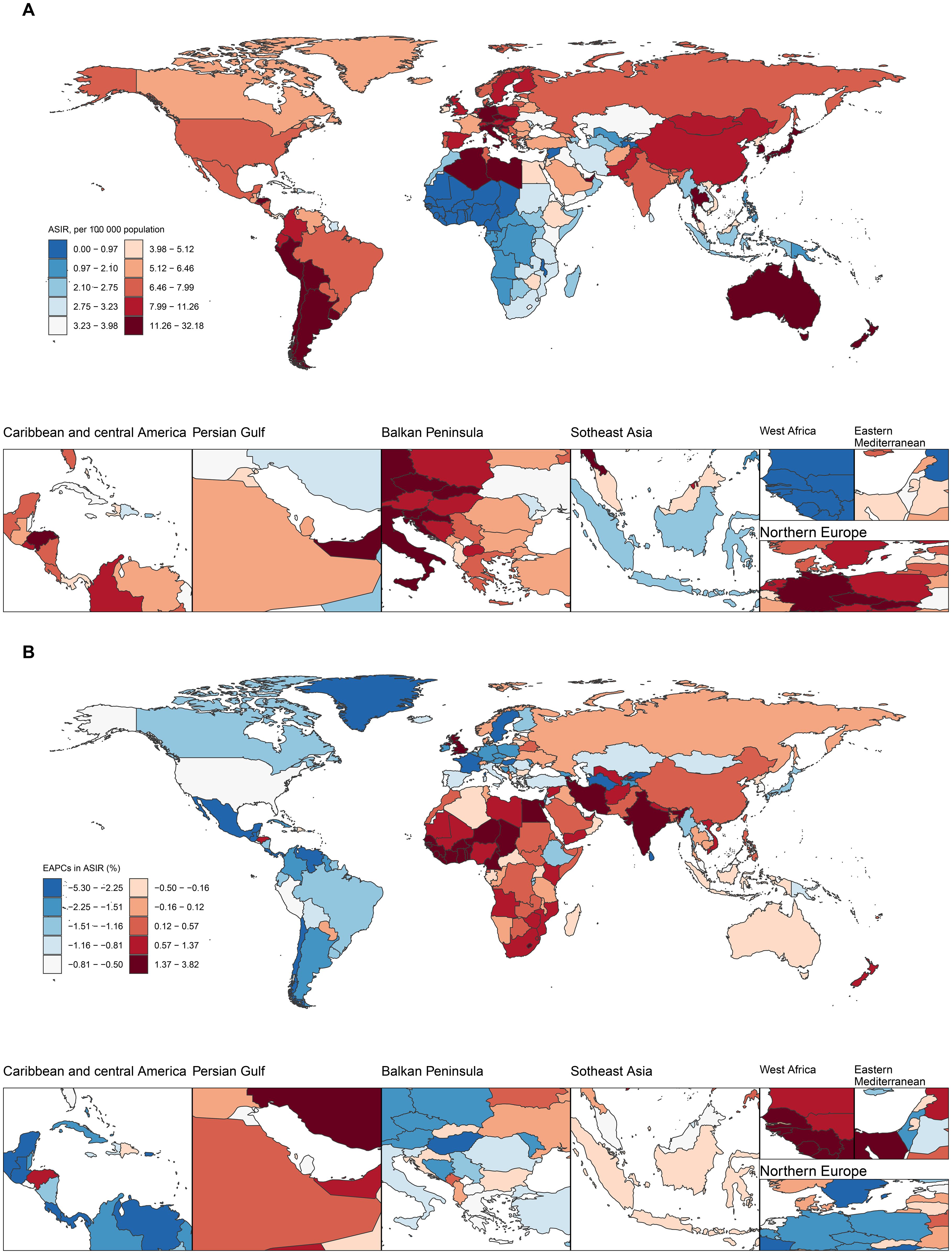 World maps showing estimated incidence rates and trends of a condition. Map A displays age-standardized incidence rates per 100,000 population with a color gradient from blue (lower rates) to red (higher rates). Map B shows percentage changes. The maps are color-coded based on different rate ranges, providing a visual representation of the regional disparities in GBTC burden.
