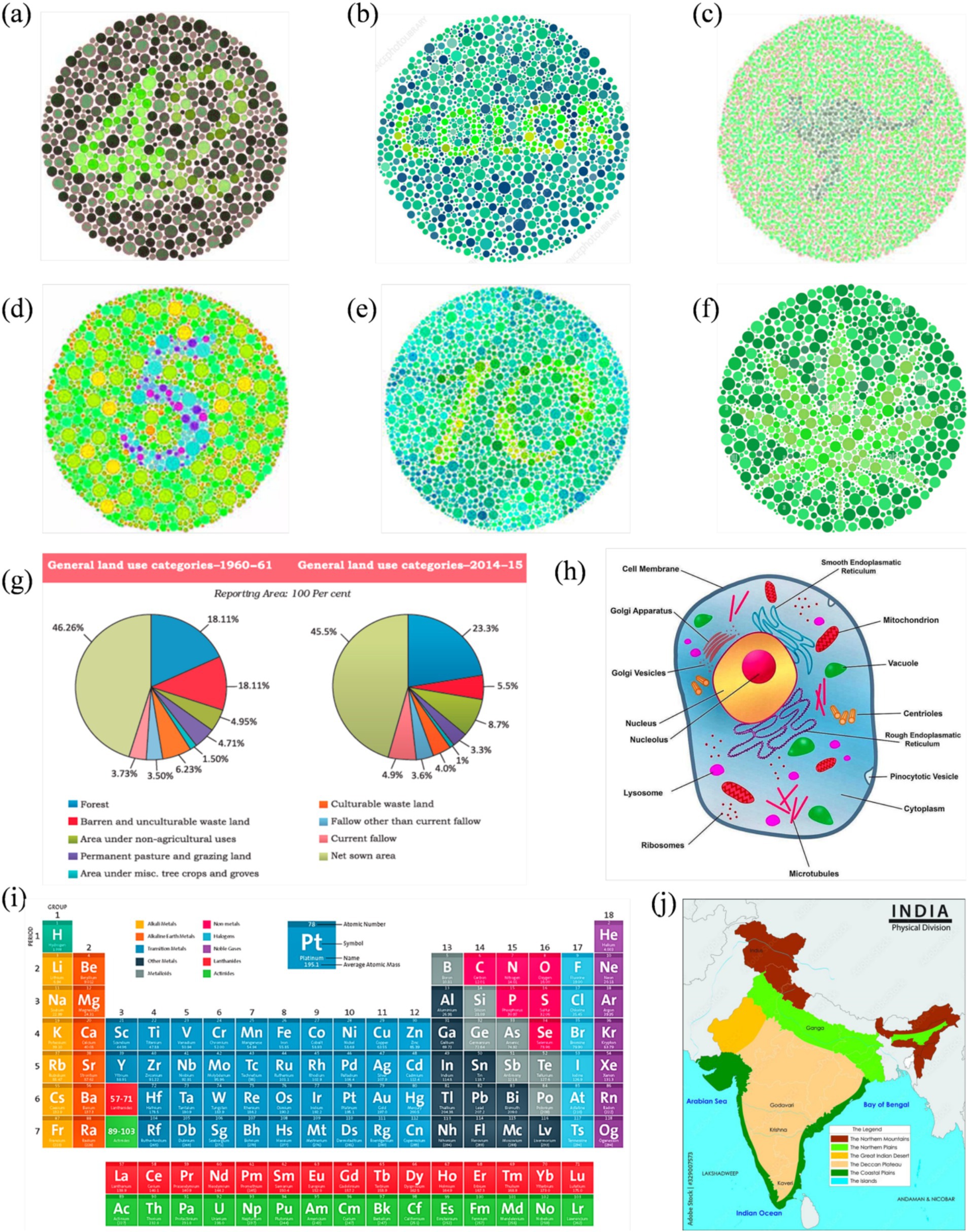 (a) Circle with dots showing the number 42. (b) Circle with dots spelling the word color. (c) Circle with dots and indistinct shape. (d) Circle with dots showing the number 5. (e) Circle with dots showing the number 12. (f) Circle with dots forming a leaf pattern. (g) Comparative pie charts of land use categories for 1960-61 and 2014-15. (h) Diagram of an animal cell labeled with organelles like nucleus and mitochondrion. (i) Periodic table of elements with color-coded categories. (j) Map of India’s physical divisions with color-coded topographical features.