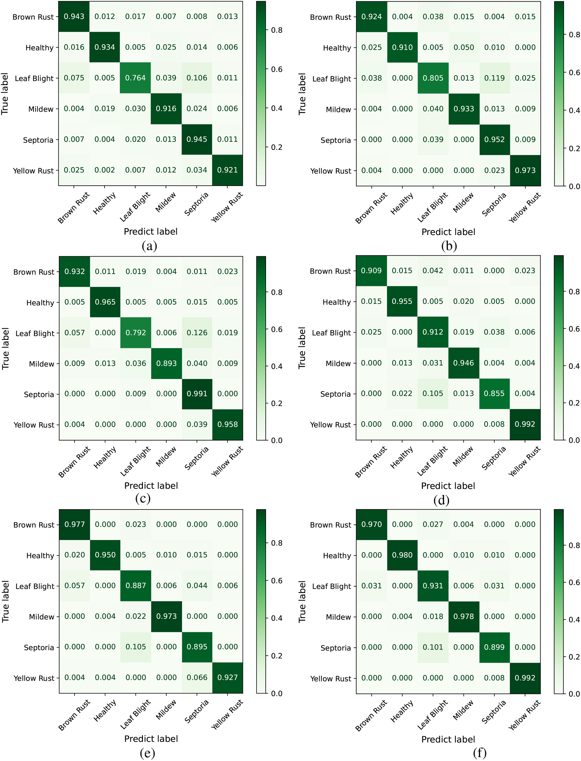 Six heatmaps labeled (a) to (f) show confusion matrices for disease classification. Rows represent true labels, columns predicted labels: Brown Rust, Healthy, Leaf Blight, Mildew, Septoria, Yellow Rust. Color intensity indicates prediction accuracy, with values ranging from approximately 0.001 to 0.991. Each matrix highlights different prediction strengths for each condition.
