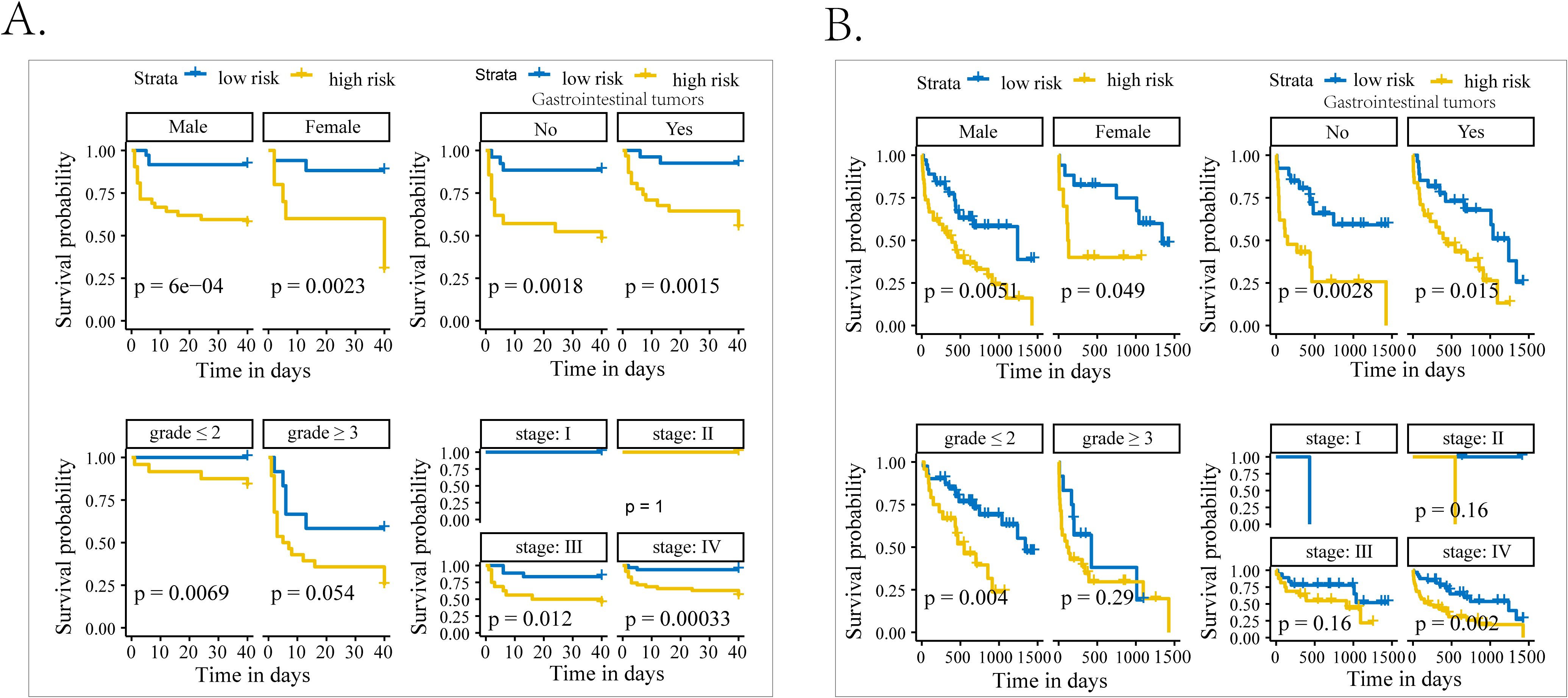 Two panels, A and B, show Kaplan-Meier survival curves comparing low-risk (blue) and high-risk (yellow) groups. Panel A displays curves for males and females, and assesses gastrointestinal tumor presence, tumor grade, and stages I-IV. Panel B also compares survival in males and females, considers gastrointestinal tumors, tumor grade, and stages I-IV, but over a more extended period. P-values indicate significance levels, with blue generally showing higher survival probabilities than yellow.