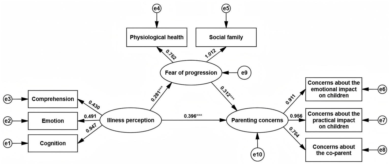 Flowchart illustrating relationships among various psychological factors. Comprehension, emotion, and cognition affect illness perception. Illness perception influences fear of progression and parenting concerns. Fear of progression is linked to physiological health and social family dynamics. Parenting concerns relate to emotional and practical impacts on children, and concerns about the co-parent. Path coefficients are shown for each connection.
