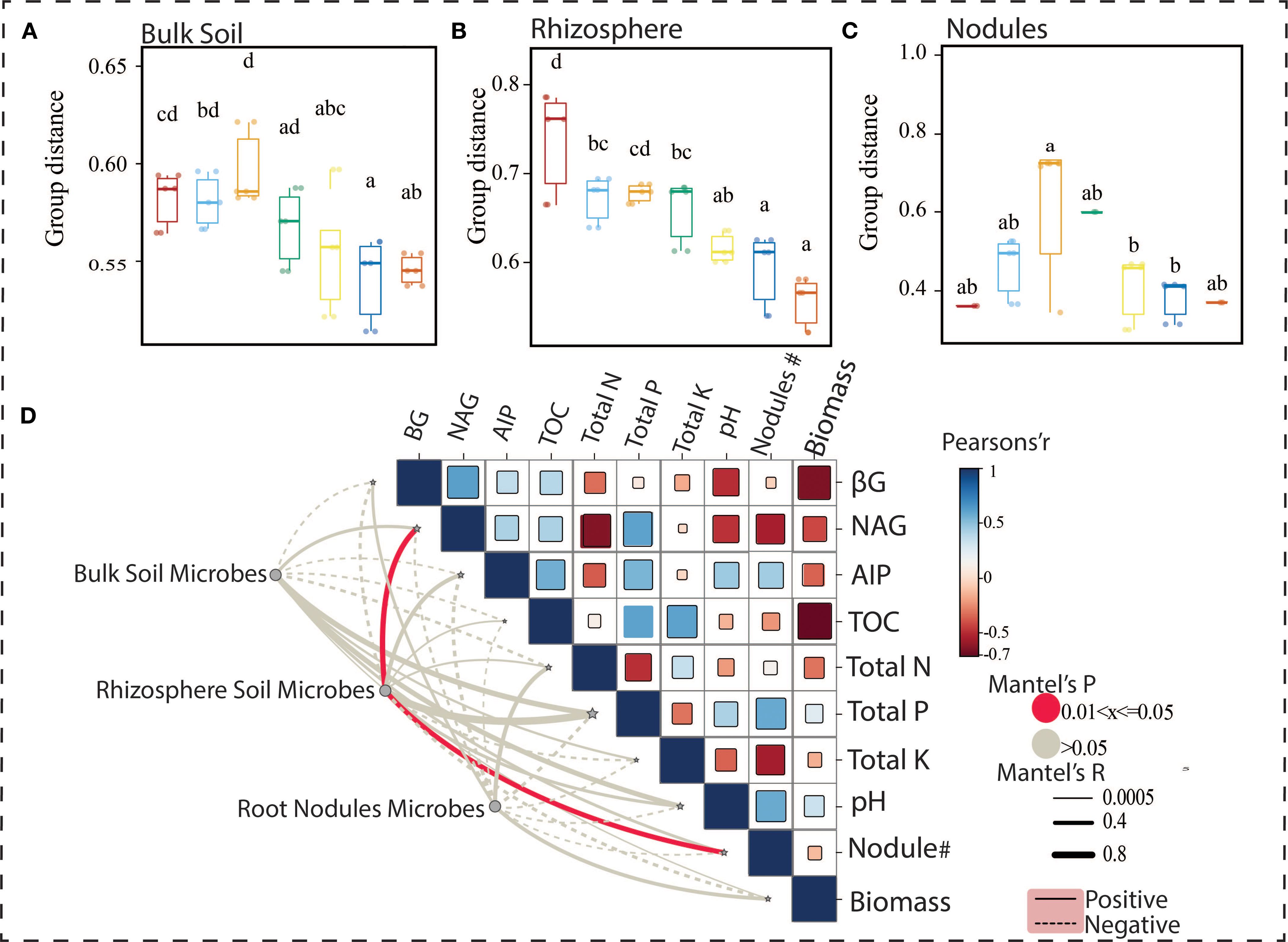 Box plots A-C display group distances for Bulk Soil, Rhizosphere, and Nodules, with various statistical annotations. Chart D features a correlation matrix comparing different soil parameters, such as BG, NAG, and total nutrients, with color coding indicating the strength and direction of correlations. The matrix is linked to visual pathways representing bulk soil, rhizosphere, and root nodule microbes. A Pearson's r scale bar and Mantel's tests highlight correlation significance and strength.