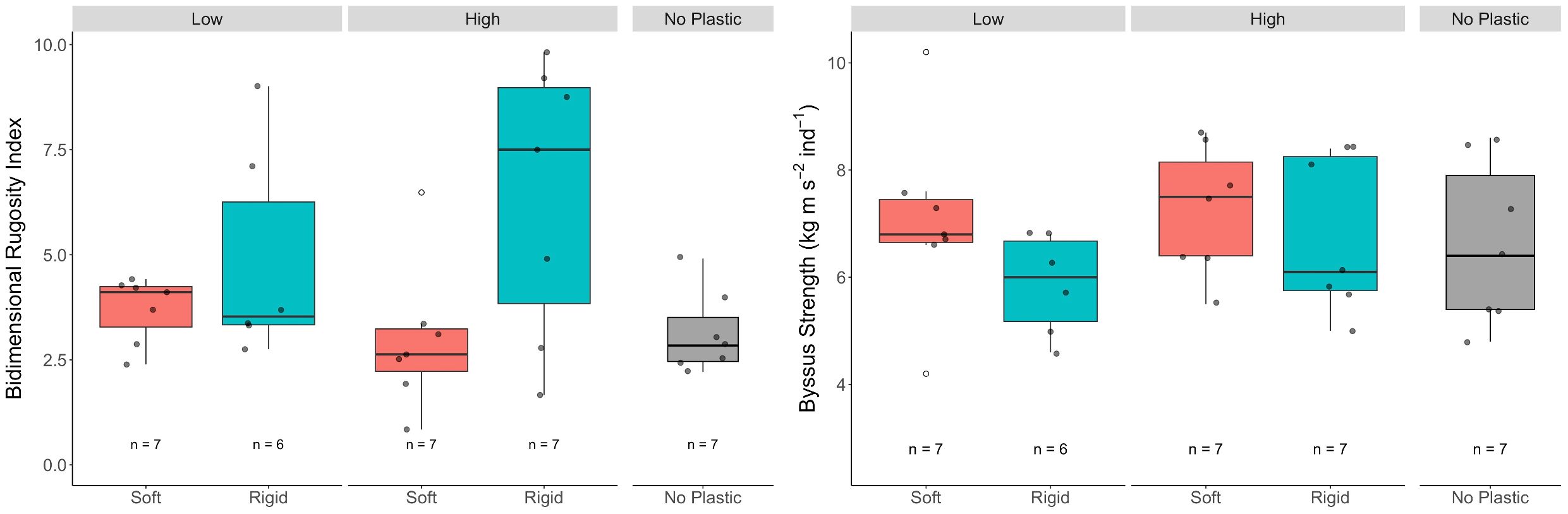 Two box plots illustrating the effects of different conditions on bidimensional rugosity index and byssus strength. Conditions include low and high levels of soft and rigid macroplastics, and a control without incorporated macroplastics. N indicates the sample size.