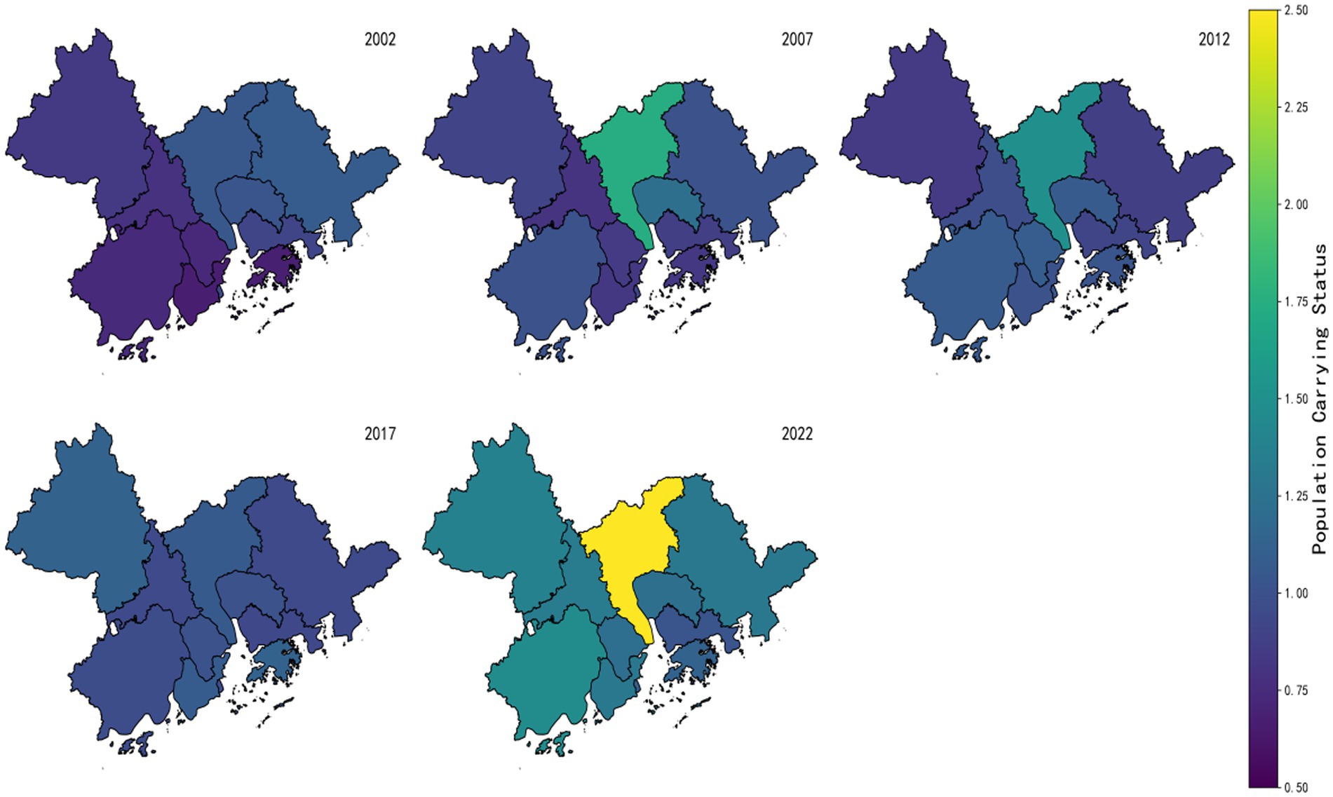 Five maps show population carrying status changes over time in a region from 2002 to 2022. Colors vary from purple to yellow, with a scale on the right indicating values from 0.50 to 2.50.