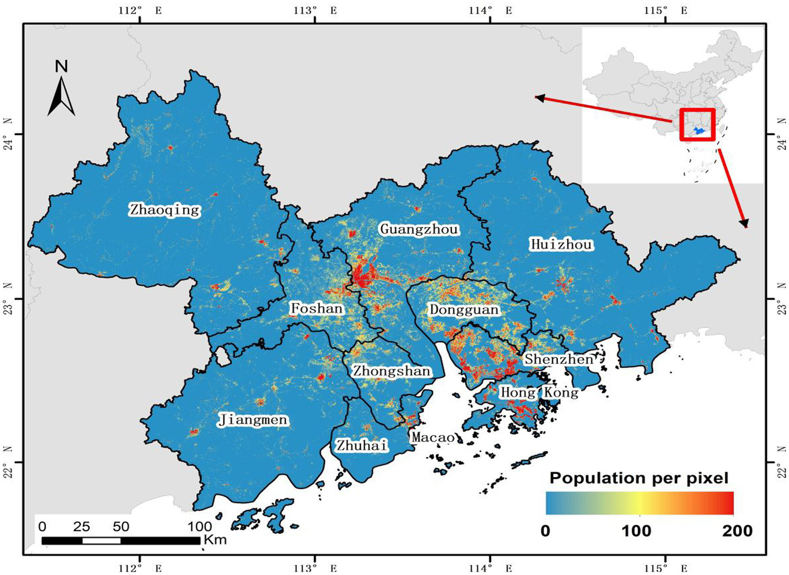 Map of southern China showing population density per pixel. Regions include Zhaoqing, Guangzhou, Foshan, Zhongshan, Jiangmen, Zhuhai, Huizhou, Dongguan, Shenzhen, and Hong Kong. The color gradient ranges from blue (low population) to red (high population), indicating denser populations around Guangzhou and Shenzhen. An inset map shows the region's location within China.