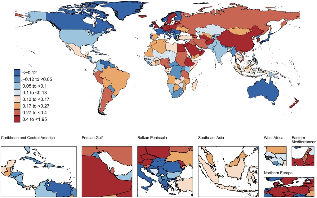 World map with regional insets illustrating data values ranging from –0.12 to 1.95 using a blue-to-red gradient scale. Dark blue shades represent lower values, while dark red indicates higher values. Insets display detailed regions including the Caribbean and Central America, Persian Gulf, Balkan Peninsula, Southeast Asia, West Africa, Eastern Mediterranean, and Northern Europe for closer examination of regional patterns.