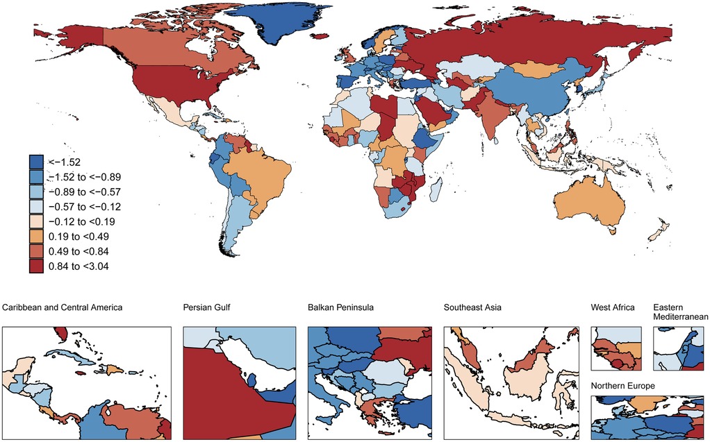 World map with regional insets showing color-coded data ranges from –1.52 to 3.04 using a blue-to-red gradient. Countries are shaded according to corresponding numerical values, with darker blue representing lower values and darker red indicating higher values. Insets highlight the Caribbean and Central America, Persian Gulf, Balkan Peninsula, Southeast Asia, West Africa, Eastern Mediterranean, and Northern Europe for detailed regional visualization.
