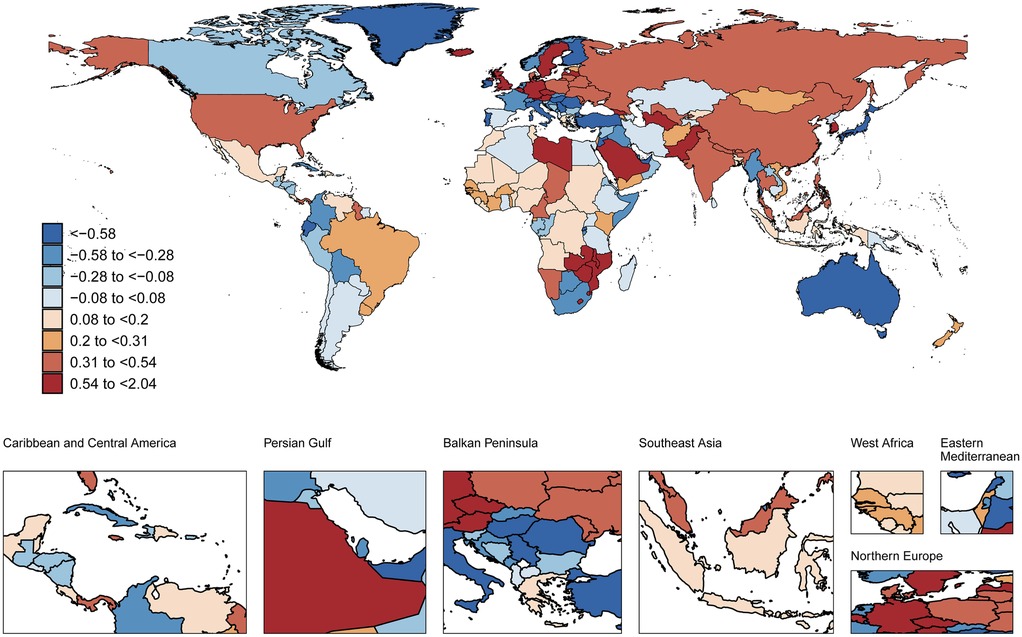 World map depicting various regions colored according to a numerical scale ranging from dark blue (less than -0.58) to dark red (0.54 to 2.04). Smaller maps highlight the Caribbean and Central America, Persian Gulf, Balkan Peninsula, Southeast Asia, West Africa, Eastern Mediterranean, and Northern Europe, using the same color scale.