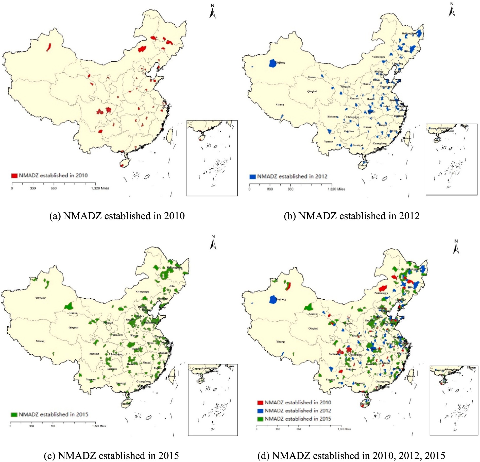 Four maps of China depict the establishment of NMADZ (National Modern Agricultural Demonstration Zones) over three years. (a) 2010 map shows zones marked in red. (b) 2012 map shows zones marked in blue. (c) 2015 map shows zones marked in green. (d) A composite map highlights zones from all three years using red, blue, and green colors. Each map includes a scale bar and a small inset map for location reference.