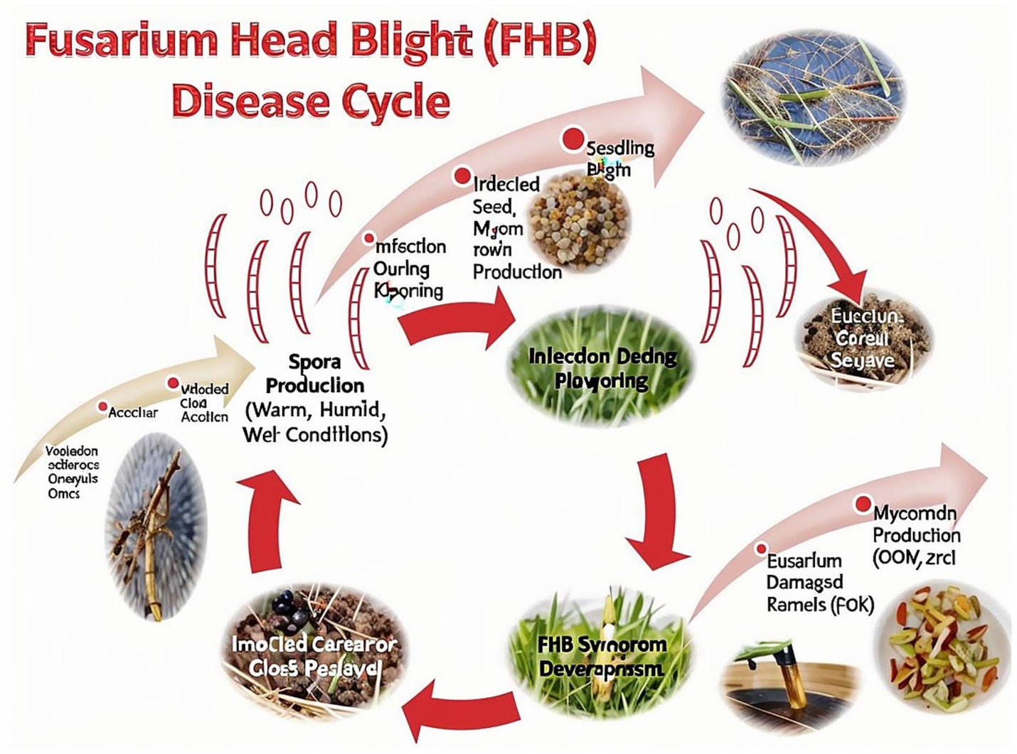 Diagram illustrating the Fusarium Head Blight (FHB) disease cycle. It shows stages including infected seed, spore production in warm and humid conditions, infection during flowering, mycotoxin production, and damage to cereals. Red arrows and labels depict progression through each stage.