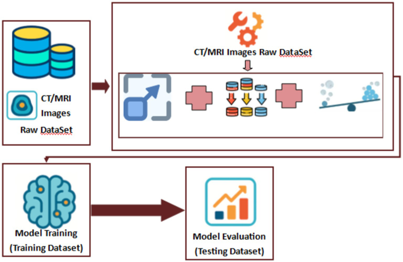 Diagram illustrating a process flow for CT/MRI image data. It starts with a raw dataset, includes preprocessing steps, and divides into model training with a training dataset and model evaluation with a testing dataset.