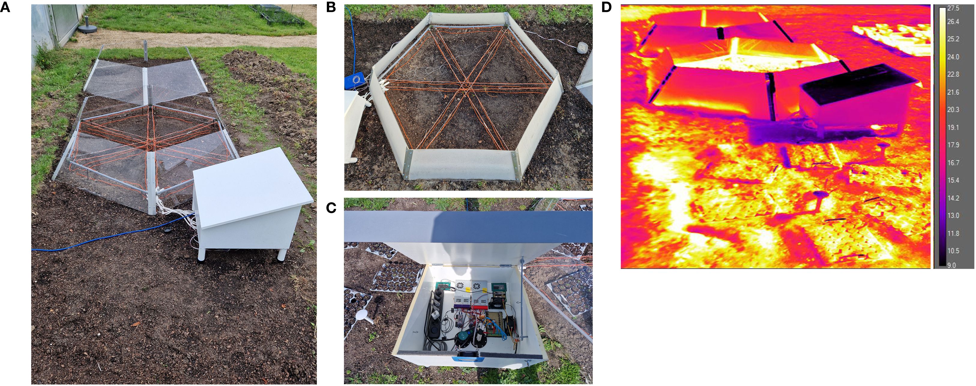 Panel A shows a hexagonal setup with wires on soil, connected to a white control box. Panel B is a top view of the hexagonal setup. Panel C displays the inside of a control box with electronics and wiring. Panel D is a thermal image of the setup, highlighting temperature variations with a color scale.