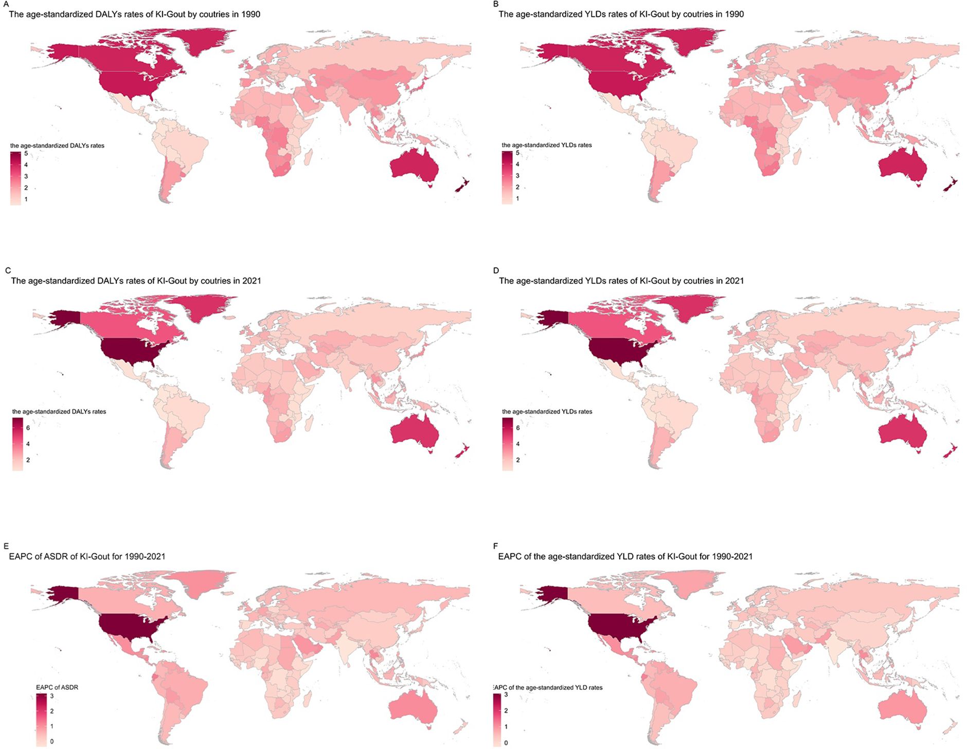 Six world maps showing age-standardized rates of KI-Gout. Map A shows DALY rates in 1990, with dark shades in North America and parts of Europe. Map B displays YLD rates in 1990, also highlighting North America. Map C presents DALY rates in 2021, with intense colors in similar regions. Map D illustrates YLD rates in 2021 with similar patterns. Map E covers the EAPC of ASDR from 1990 to 2021, again emphasizing North America. Map F shows EAPC of YLD rates for the same period, consistent with prior maps. Color intensity indicates higher rates.