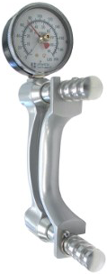 Hand dynamometer with a round dial gauge and a metal grip handle. The device is designed to measure grip strength, displaying readings on the pressure gauge marked with different units.
