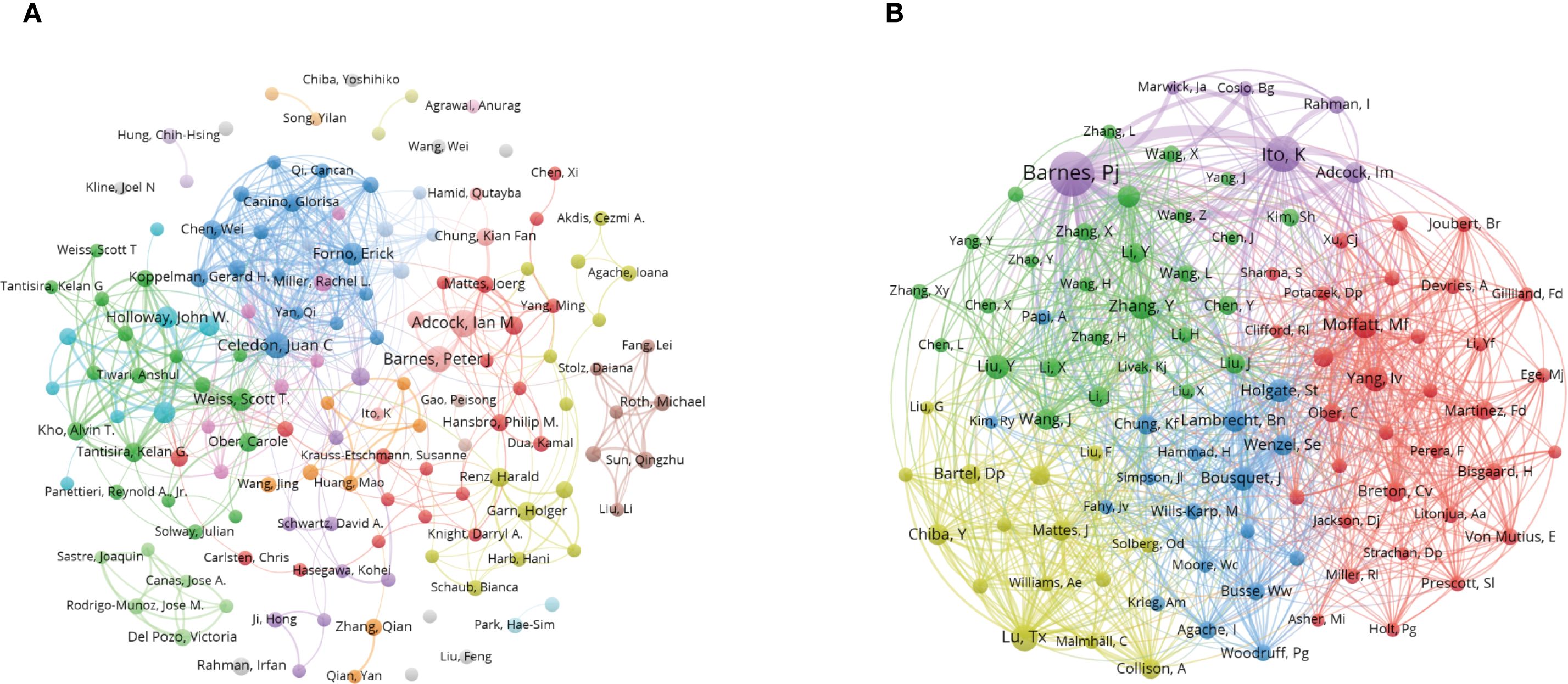 Two network graphs labeled A and B show clusters of interconnected nodes, each represented by circles of varying sizes and colors. The nodes are labeled with names, indicating relationships within dense, color-coded regions. Cluster A predominantly features blue, green, and red nodes, while Cluster B includes purple, green, and red nodes, illustrating complex interconnectivity among entities.