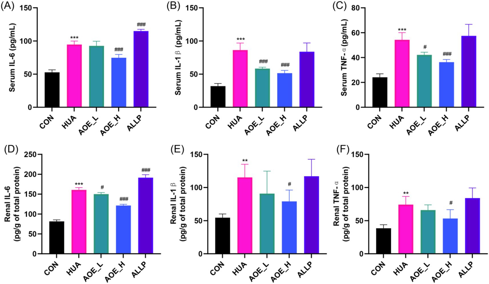 Bar charts labeled A to F compare the levels of serum and renal inflammatory markers among five groups: CON, HUA, AOE_L, AOE_H, and ALLP. Charts A to C show serum IL-6, IL-1β, and TNF-α levels, with HUA exhibiting the highest values. Charts D to F depict renal IL-6, IL-1β, and TNF-α, with elevated levels in HUA and ALLP. Statistical significance is indicated with asterisks and hashes.