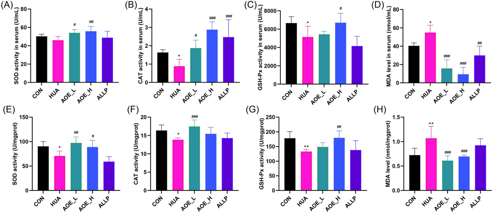 Eight bar graphs labeled A to H illustrate various enzyme activities and MDA levels in serum or mg protein across five groups: CON, HUA, AOE_L, AOE_H, and ALLP. Each graph compares the measurements for SOD, CAT, GSH-Px activities, and MDA levels, noting significant differences with asterisks and hash marks, indicating statistical significance.