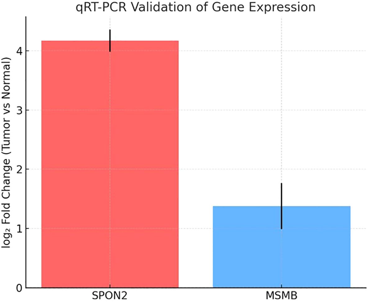 Bar graph titled “qRT-PCR Validation of Gene Expression,” displaying log base 2 fold change in tumor versus normal gene expression. SPON2 shows a fold change of 4, while MSMB shows a fold change of 1. Optimum bars are colored red and blue, respectively, with error bars.