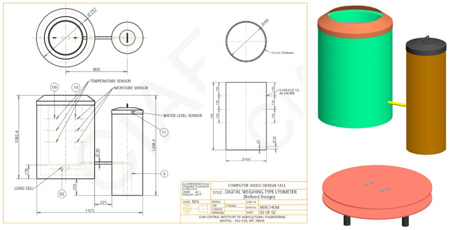 Diagram and 3D model of a digital weighing lysimeter. The left side illustrates detailed technical dimensions, including sensor placement for temperature, moisture, and water level. The right side presents a 3D render of the lysimeter with cylindrical components, showcasing a green main body connected to a brown unit via a yellow pipe. The base is shown as a red, flat circular plate. Specifications are noted in the technical rectangle.