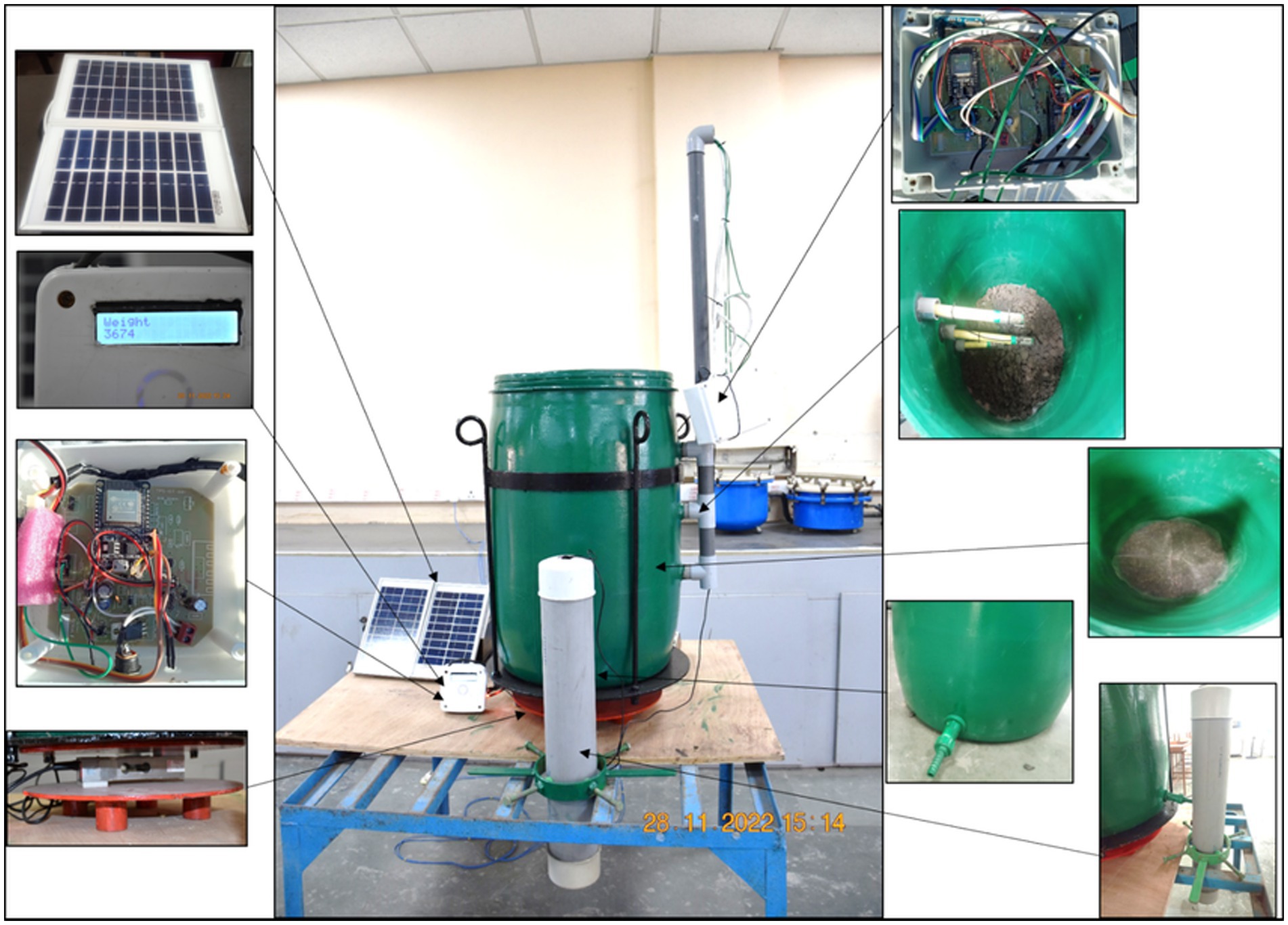 A collage of a solar-powered composting setup. Central image shows a large green compost bin on a blue platform with a connected vertical pipe. Surrounding images display a solar panel, electronic components and wiring, a digital weight display, and close-ups of the bin's interior with organic matter and an outlet valve. Date and time are shown at the bottom.