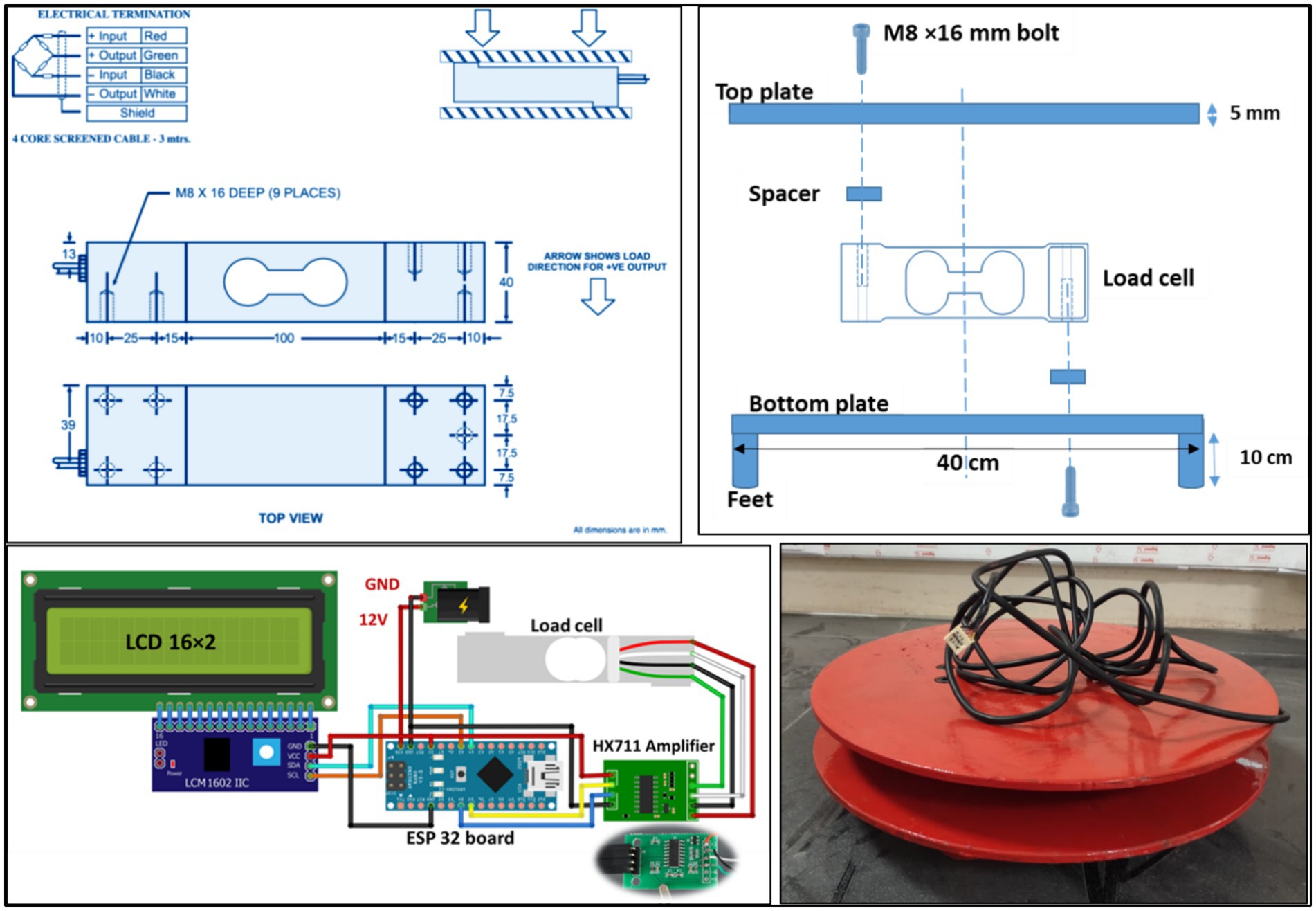 Technical illustrations show a load cell setup. The top left includes a wiring diagram with input/output instructions. Below, a top view with dimensions of the load cell is provided. The top right shows an assembly diagram with labeled components: top plate, spacer, load cell, and bottom plate with feet. The bottom left diagram depicts the wiring connections between an LCD, ESP32 board, HX711 amplifier, and a load cell. Bottom right photo shows a red disc structure with cables coiled on top.
