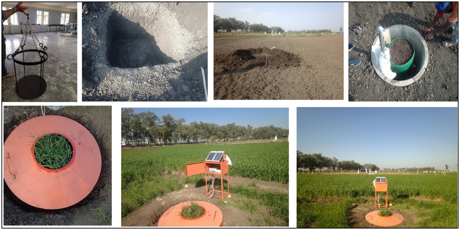 A sequence of images showing the installation of a lysimeter. Top row includes a metal basket, a pit in the ground, soil mound, and a lysimeter placed in a concrete cylinder. Bottom row shows vegetation within a red lid-covered lysimeter and a lysimeter setup in a green field with a small solar panel unit.