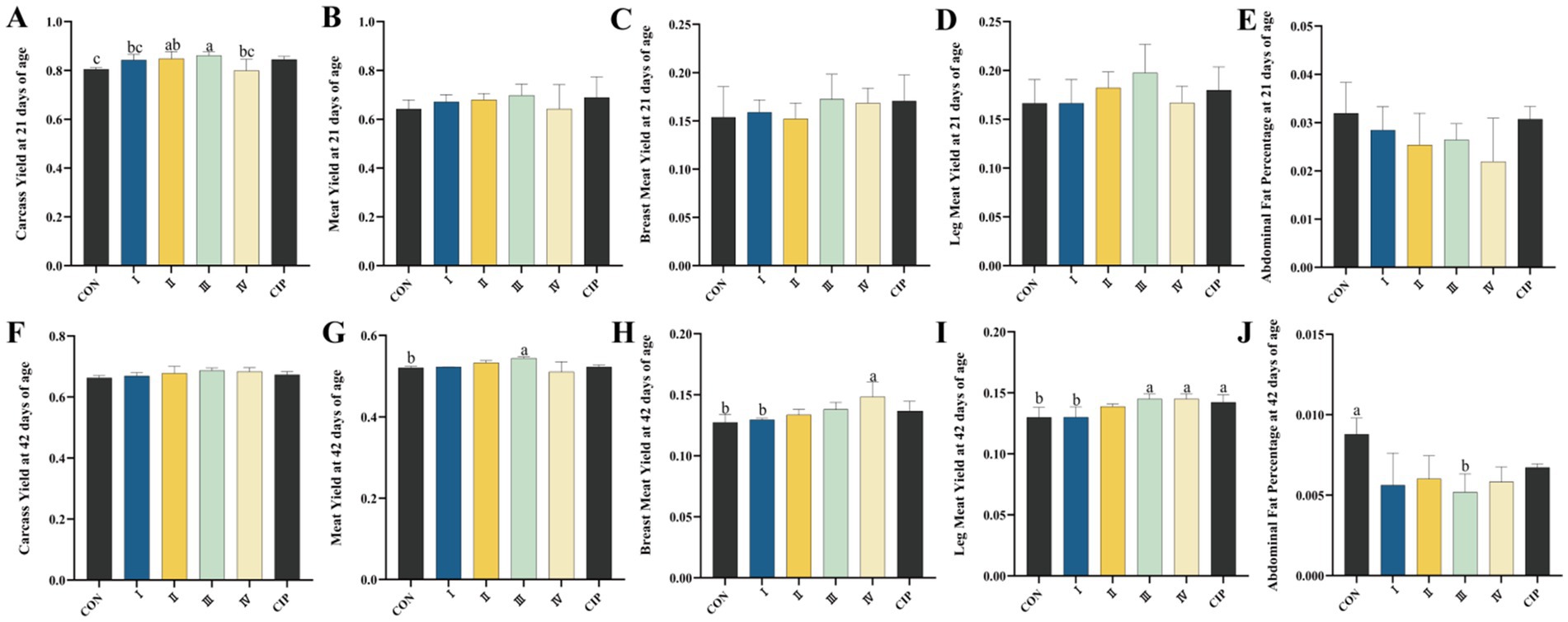 Bar charts labeled A to J show various yield measurements at 21 and 42 days of age. Charts A, F: Carcass Yield; B, G: Meat Yield; C, H: Breast Meat Yield; D, I: Leg Meat Yield; E, J: Abdominal Fat Percentage. Groups include CON, I, II, III, IV, CIP with varying outcomes.
