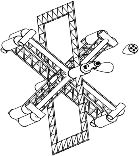Illustration of a conceptual spacecraft with a cross-shaped structure featuring latticework arms. Each arm ends with cylindrical components resembling engines. A detached, smaller pod with circular indentations floats nearby.