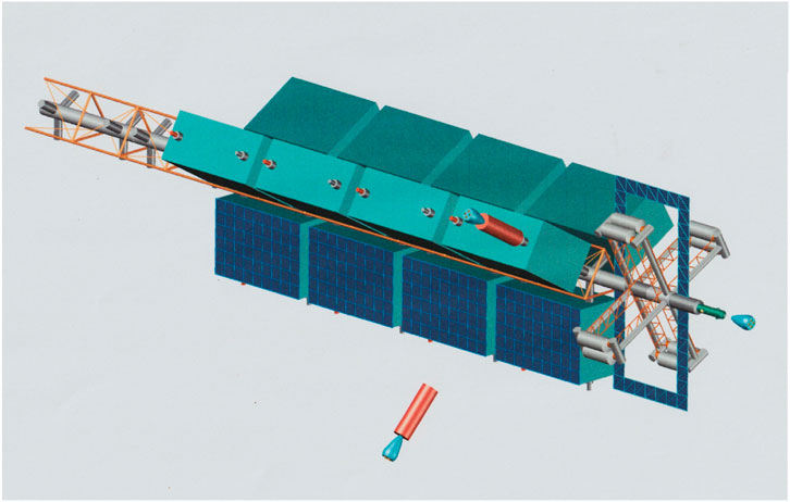 Illustration of a satellite with solar panels, a cylindrical body, and a truss structure. The satellite features interconnected modules and a complex framework, with some detached components nearby.
