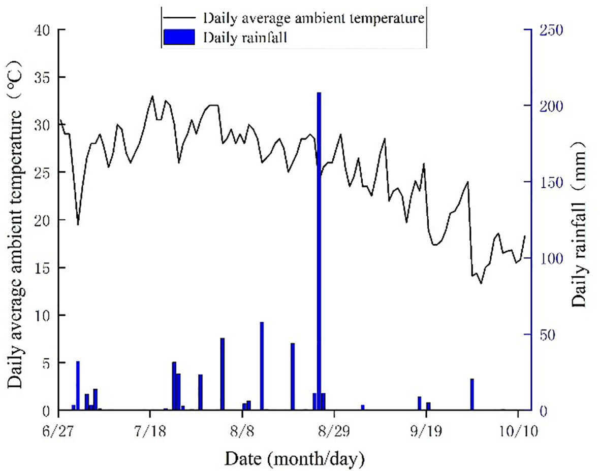 Graph showing daily average ambient temperature and rainfall from June 27 to October 10. The black line represents temperature in degrees Celsius, fluctuating between 20 and 35. The blue bars show rainfall in millimeters, peaking around August 29.