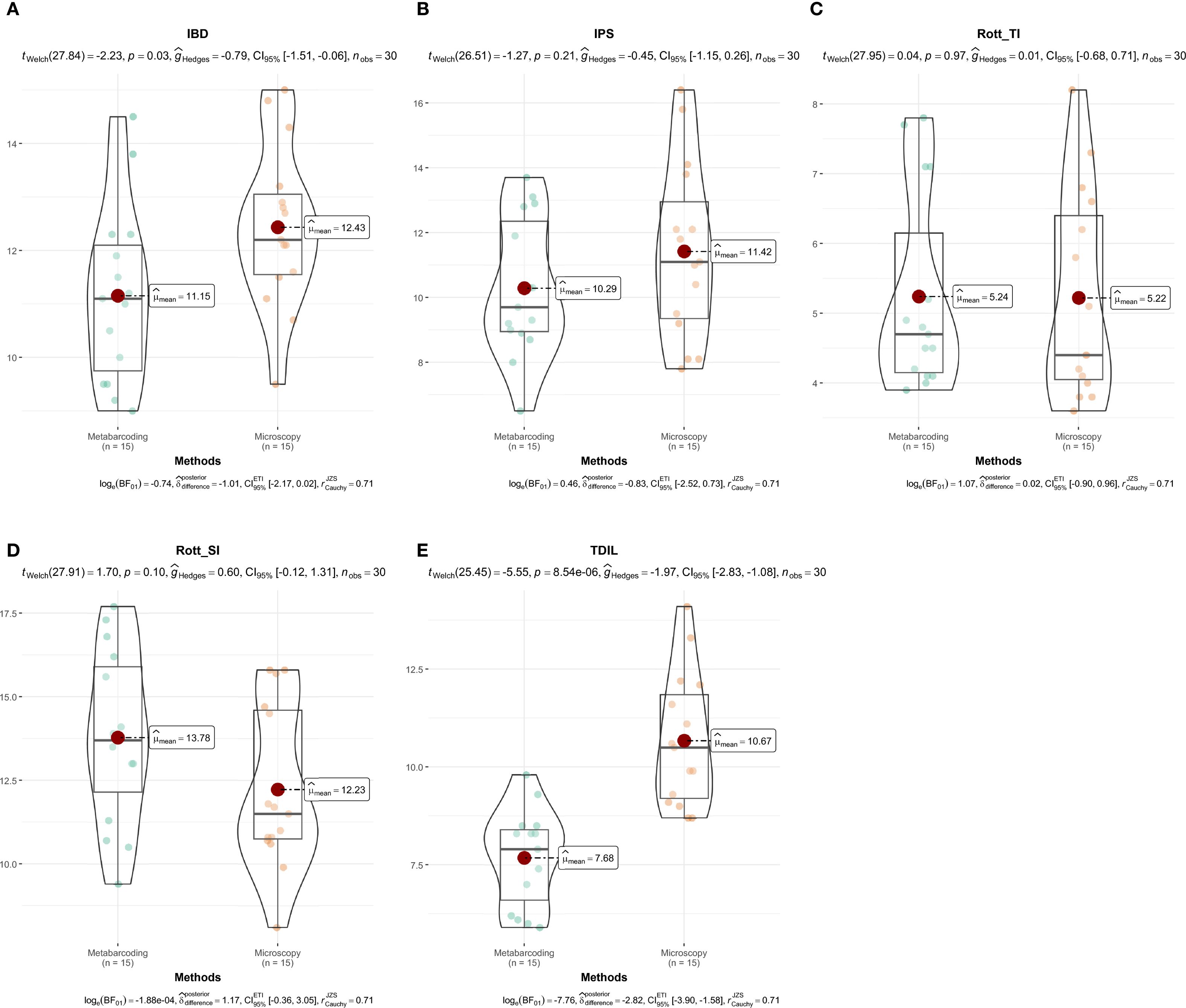 Five violin plots labeled A to E show data comparisons between metabarcoding and microscopy methods. Each plot includes data points, mean markers, statistical values, and confidence intervals for different datasets: IBD, IPS, Rott_TI, Rott_SI, and TDIL. Mean values are indicated with red dots. Details such as t-tests, p-values, and effect sizes are provided in the plots.