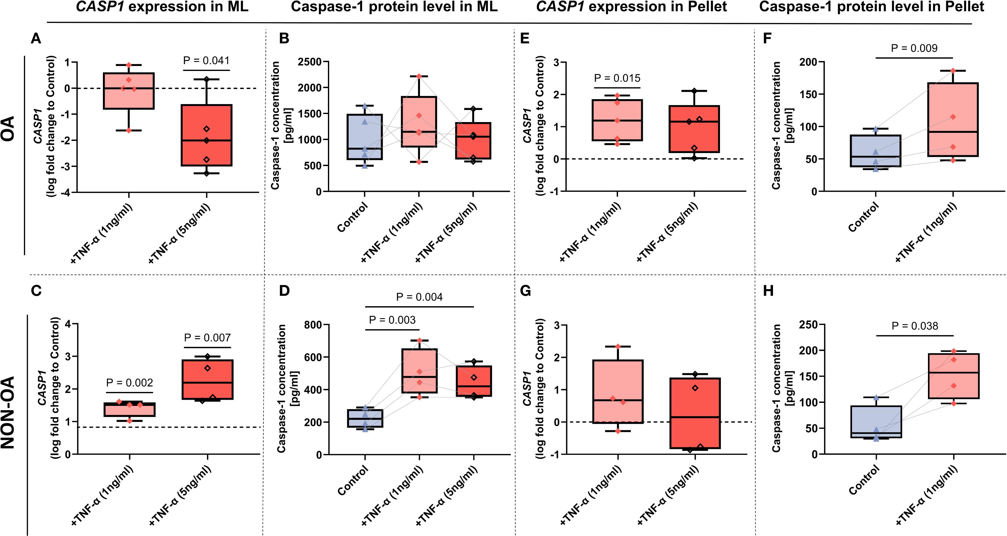 The image shows a series of eight box plots comparing CASP1 expression and Caspase-1 protein levels in different conditions. Panels A, B, E, and F depict osteoarthritis (OA) data, while Panels C, D, G, and H show non-osteoarthritis (non-OA) data. CASP1 expression is measured as log fold change, and Caspase-1 concentration is shown in picograms per milliliter. Different TNF-alpha treatments are applied, and statistical significance is indicated with p-values. Plots are organized into matrices for Media and Pellet conditions.