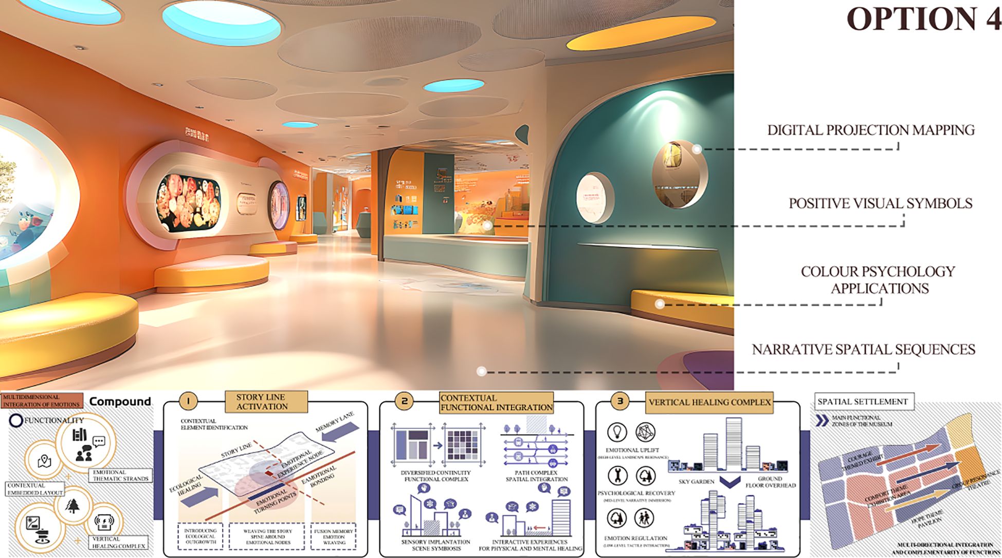 Modern interior design concept with rounded and colorful architectural elements, lighting effects, and interactive displays. Includes strategic elements like digital projection mapping, positive visual symbols, color psychology, and spatial sequences. Infographic and diagrams at the bottom detailing concepts such as storyline activation and vertical healing complex, illustrating multidimensional integration of emotions and functionality.