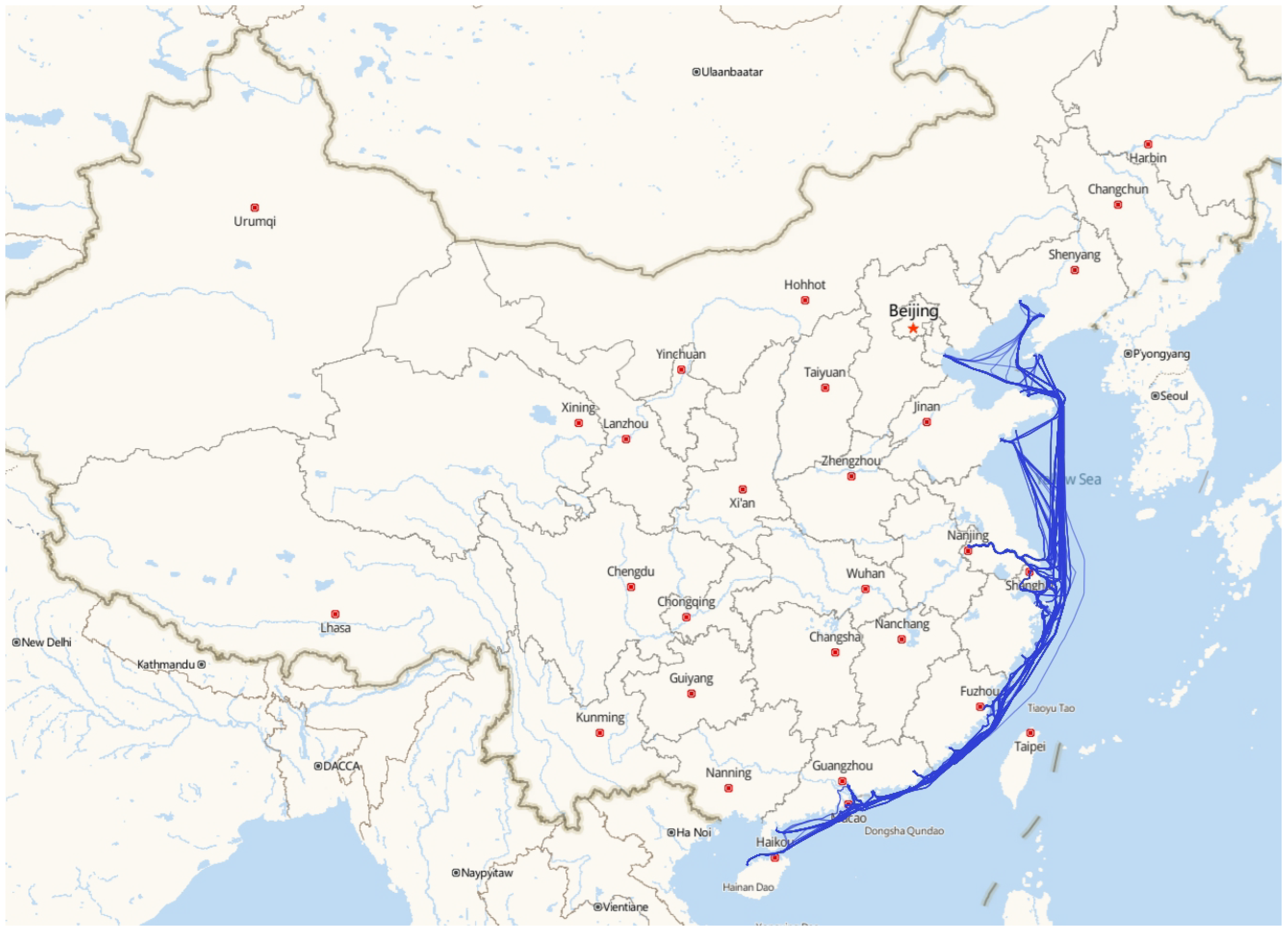 Map of China showing major cities and transportation routes. Blue lines trace shipping or travel paths along the eastern coastline, connecting cities like Shanghai, Fuzhou, and Guangzhou. Inland cities such as Beijing, Xi'an, and Chengdu are also marked.