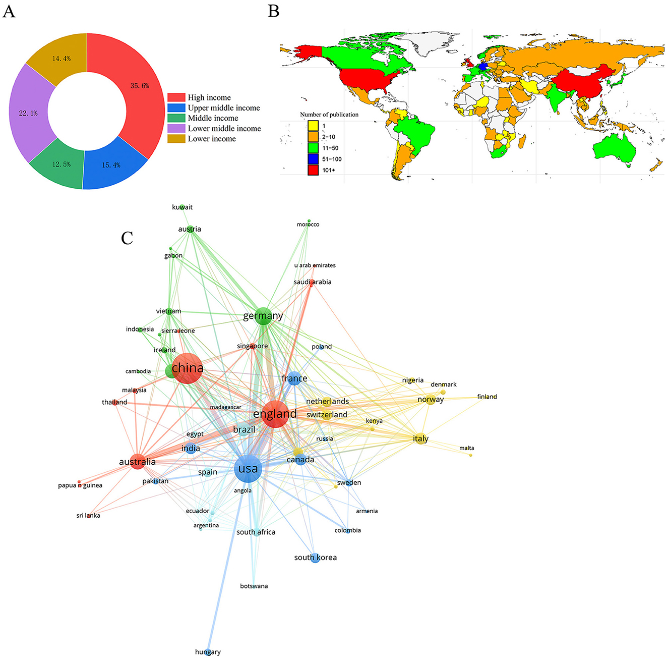 A composite image with three panels: (A) A donut chart showing income categories: 35.6% high income, 15.4% upper middle income, 12.5% middle income, 22.1% lower middle income, and 14.4% lower income. (B) A world map illustrating the number of publications per country, with a color scale from red (1) to dark green (101+). (C) A network graph displaying international collaborations in publications, highlighting key countries like the USA, China, and England with varying connection strengths depicted by line thickness.