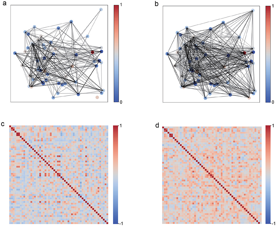Graphs labeled a and b show network diagrams with nodes connected by lines. Colors range from blue to red, indicating varying values between zero and one. Graphs c and d depict heatmaps with a diagonal pattern, using a similar color scale from negative one to one.