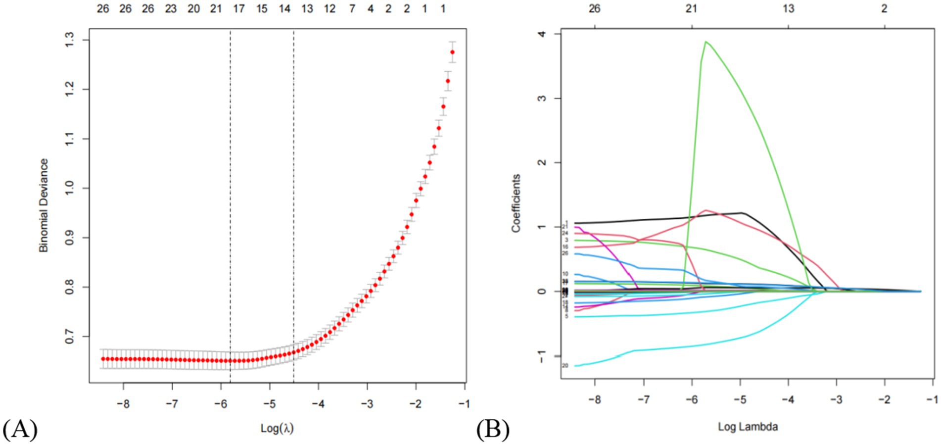 Graph A shows binomial deviance plotted against log(lambda) with a U-shaped curve displaying minimal deviance around log(lambda) -6. Graph B depicts coefficients plotted against log(lambda), with lines representing different coefficients converging to zero as log(lambda) increases.
