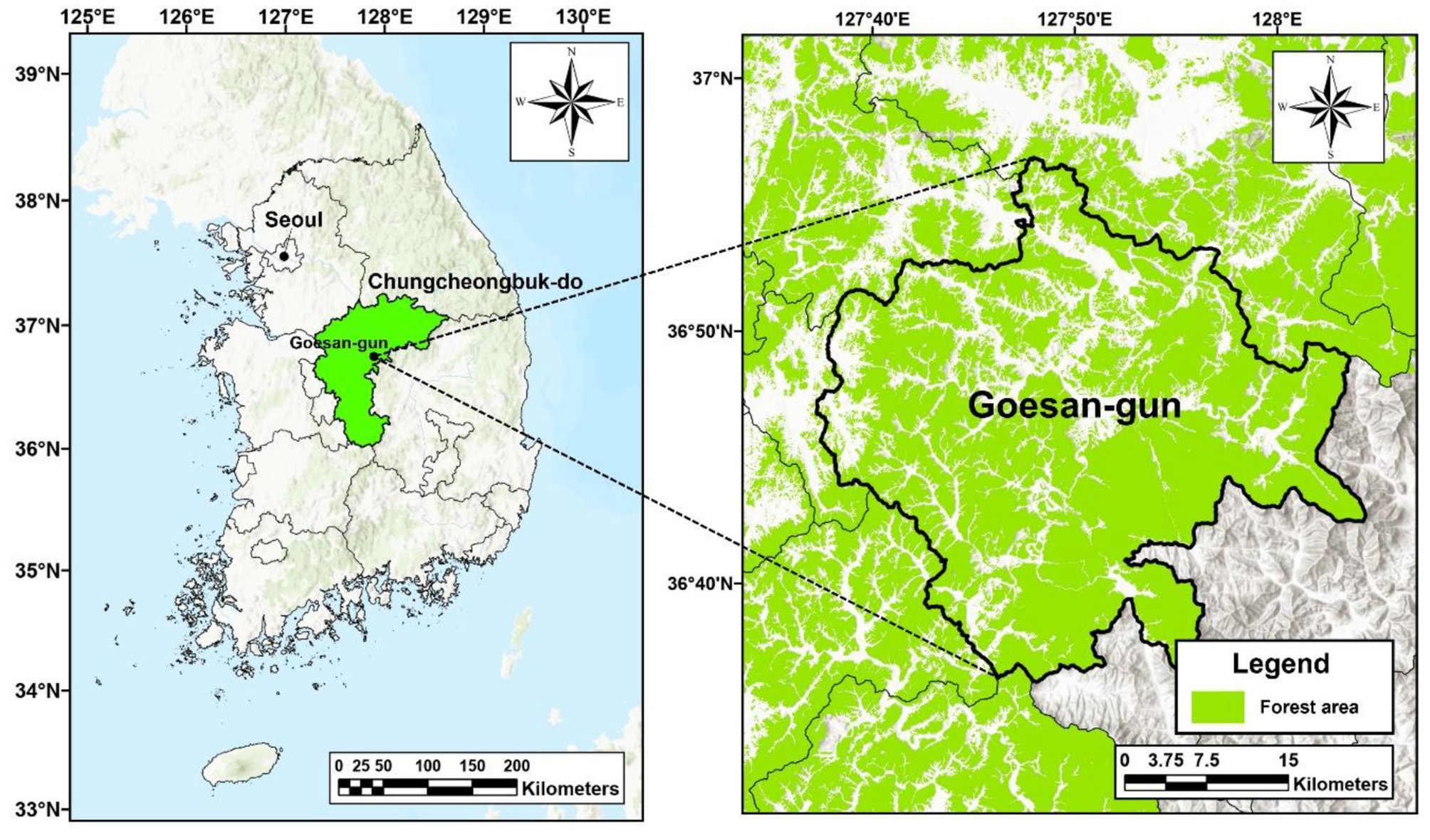 Map showing Goesan-gun in South Korea. The left map highlights the Chungcheongbuk-do region in green. The right map zooms into Goesan-gun, emphasizing its forest areas in green. Both maps include compass roses and scale bars.