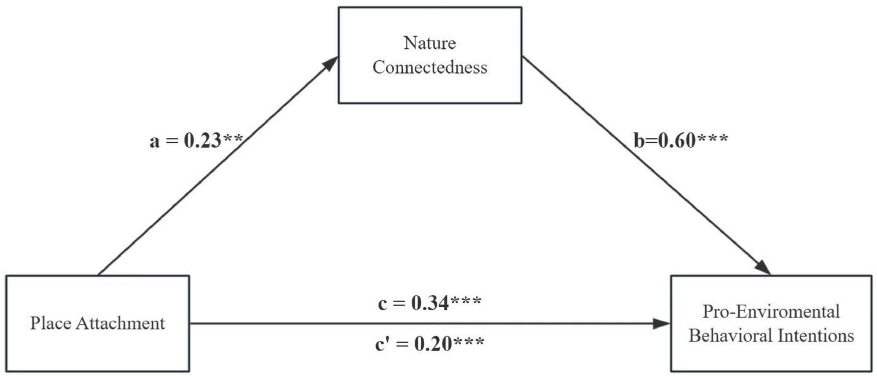 Mediation model diagram showing relationships among Place Attachment, Nature Connectedness, and Pro-Environmental Behavioral Intentions. Arrows indicate direct and indirect effects: Place Attachment to Nature Connectedness (a = 0.23), Nature Connectedness to Pro-Environmental Intentions (b = 0.60), and Place Attachment directly to Pro-Environmental Intentions (c′ = 0.20). Total effect of Place Attachment to Intentions is c = 0.34. All coefficients are statistically significant.