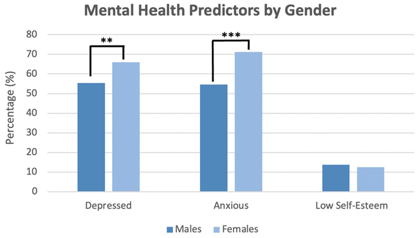 Bar chart titled “Mental Health Predictors by Gender” showing percentages for males and females. Depression: males 53%, females 65%. Anxiety: males 45%, females 70%. Low self-esteem: both genders 10%. Significant di!erences marked with asterisks.