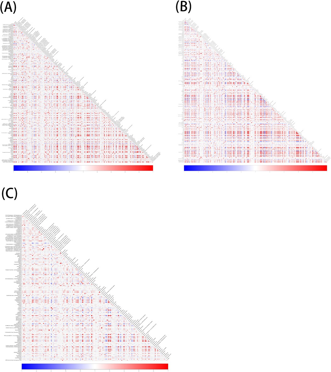 Three triangular correlation heatmaps labeled A, B, and C show varying patterns of blue and red shades indicating correlations among multiple variables. Each map has a color gradient bar ranging from blue to red, representing negative to positive correlations.