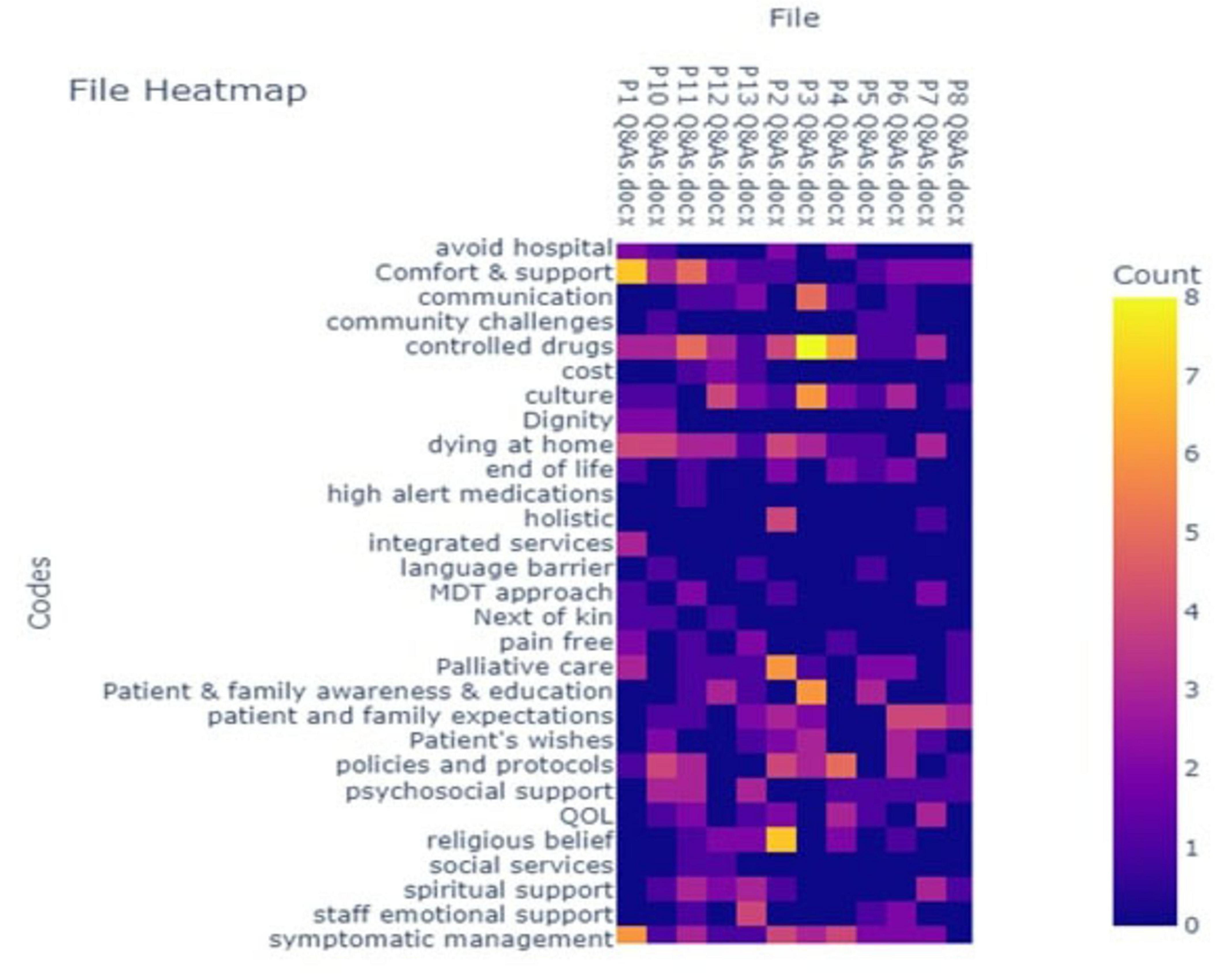 Heatmap titled “File Heatmap” displaying the frequency of codes across multiple files labeled from “P1 Q&As.docx” to “P13 Q&As.docx”. Codes include terms like “avoid hospital,” “comfort & support,” and “end of life.” Color gradient ranges from dark blue (low count) to bright yellow (high count), with counts from 0 to 8.