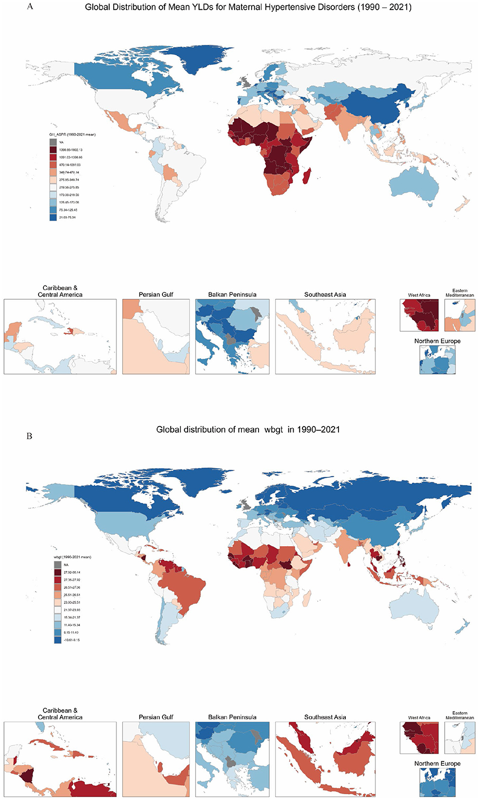 Map A shows global distribution of mean Years Lived with Disability (YLDs) for maternal hypertensive disorders from 1990 to 2021, with high values in Africa and parts of Asia. Map B depicts global distribution of mean Wet Bulb Globe Temperature (WBGT) within the same period, highlighting hotter regions in Africa and Asia. Insets provide detailed views of the Caribbean, Persian Gulf, Balkan Peninsula, Southeast Asia, West Africa, Eastern Mediterranean, and Northern Europe.